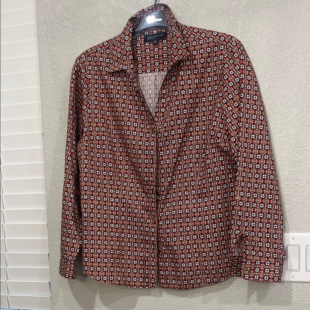Jones New York Signature Red and Black Patterned Shirt